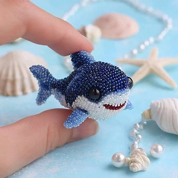 3D Shark DIY Bead Embroidery Kits, including Resin Seed Beads, Elastic Crystal Thread, Scissors, Cotton Stuffing, Fabric, Mixed Color, 3x5.5mm, Hole: 1.5mm