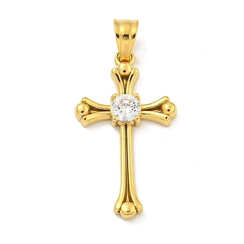 Ion Plating(IP) 304 Stainless Steel Cubic Zirconia Pendants, Cross Charm, Golden, 31x18x4mm, Hole: 6x4.5mm