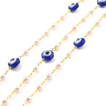 Handmade Brass Link Chains, with Round Beads, Long-Lasting Plated, Soldered, with Spool, Beads with Glass, Golden, 6x4mm