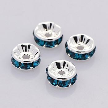 Brass Rhinestone Spacer Beads, Grade AAA, Straight Flange, Nickel Free, Silver Color Plated, Rondelle, Blue Zircon, 5x2.5mm, Hole: 1mm