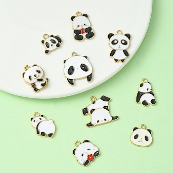 10Pcs 10 Style Alloy Enamel Pendants, Panda Charms, White, 14~25x14~23x1~4mm, Hole: 1.6~2mm, 1pc/style