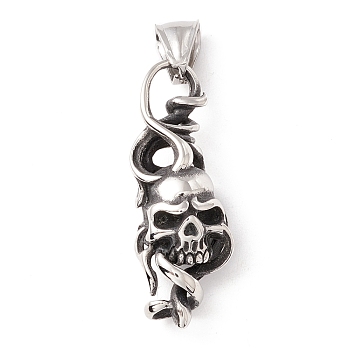 304 Stainless Steel Pendants, Skull, Antique Silver, 38.5x14x11mm, Hole: 8.5mm