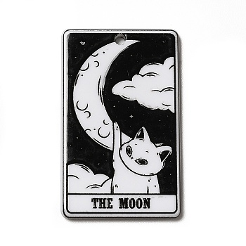 Tarot Theme Printed Acrylic Pendants, Rectangle with Cat Pattern Charms, The Moon XVIII, 39x24x2.5mm, Hole: 1.8mm