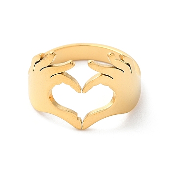 Ion Plating(IP) 304 Stainless Steel Hand Heart Open Cuff Ring for Women, Golden, Inner Diameter: 17mm