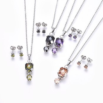 304 Stainless Steel Jewelry Sets, Pendant Necklaces and Stud Earrings, with Lobster Clasp and Cubic Zirconia, Mixed Color, 17.71 inch(45cm)
, 14x4mm, Pin: 0.8mm
