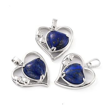 Natural Lapis Lazuli Pendants, with Platinum Tone Brass Findings, Cadmium Free & Lead Free, Heart, Valentine's Day, 28x26x5mm, Hole: 8x5mm