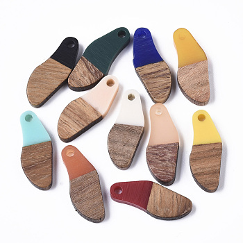Opaque & Transparent Resin & Waxed Walnut Wood Pendants, Oval, Mixed Color, 23x9x3mm, Hole: 1.8mm