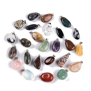 Natural & Synthetic Mixed Gemstone Pendants, Nuggets Charm with 201 Stainless Steel Snap on Bails, Stainless Steel Color, 25~36x11~22x6~18mm, Hole: 6x3mm