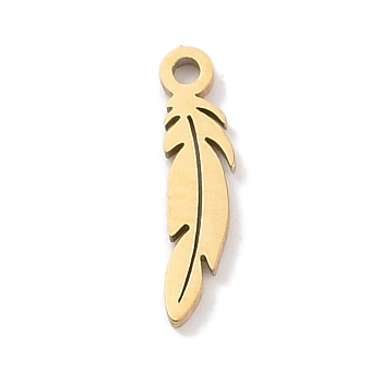 304 Stainless Steel Charms, Laser Cut, Golden, Feather, 12.5x3x1mm, Hole: 1mm