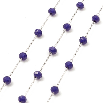 Glass Round Beaded Chains, with 304 Stainless Steel Findings, Unwelded, with Spool, Blue, 3x3.5mm, about 16.40 Feet(5m)/Roll