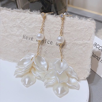 Imitation Pearl Petal Tassel Earrings, Brass Rhinestone Dangle Earrings for Women