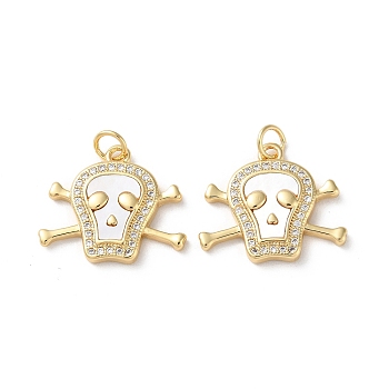 Brass Micro Pave Cubic Zirconia Pendants, with Shell, Real 18K Gold Plated, Skull, Clear, 17x20.5x3mm, Hole: 3mm