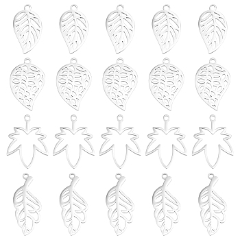 DICOSMETIC 24Pcs 4 Style 304 Stainless Steel Pendants, Laser Cut, Leaf, Stainless Steel Color, 6pcs/style