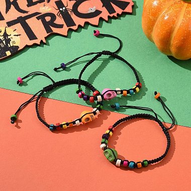 Synthetic Turquoise Skull & Wood Disc Braided Bead Bracelet for Halloween(BJEW-TA00260)-2