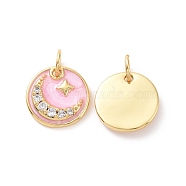 Flat Round with Moon & Star Brass Micro Pave Clear Cubic Zirconia Charms, with Jump Rings and Enamel, Cadmium Free & Nickel Free & Lead Free, Real 18K Gold Plated, 11x2mm, Hole: 3.4mm(KK-G435-41G)