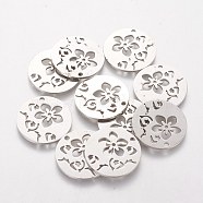 201 Stainless Steel Pendants, Flat Round with Flower, Stainless Steel Color, 20x1.1mm, Hole: 1.5mm(STAS-Q201-T405)