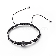 Polymer Clay Yin Yang & Acrylic Braided Bead Bracelet, Adjustable Bracelet for Women, Black and White, Inner Diameter: 2-1/8~4-3/8 inch(5.4~11cm)(BJEW-JB08608)