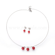 (Jewelry Parties Factory Sale)304 Stainless Steel Stud Earrings & Pendant Necklaces Jewelry Sets, with Plastic Beads, Red, 15.55 inch(39.5cm), 8mm, Pin: 0.7mm(SJEW-L135-02A-01)