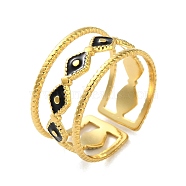 304 Stainless Steel Enamel Cuff Rings, Evil Eye, Real 18K Gold Plated, 10mm, Adjustable(RJEW-M171-09G)