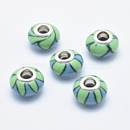 Handmade Polymer Clay European Beads, Large Hole Beads, Rondelle with Flower Pattern, Medium Spring Green, 13~16x8~11mm, Hole: 4.5~5mm(CLAY-K002-K02)