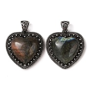 Natural Labradorite Pendants, Heart Charms, with Rack Plating Antique Silver Tone Brass Findings, Cadmium Free & Lead Free, 28.5x27x9mm, Hole: 7x5mm(G-A095-01AS-01)