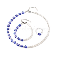 Plastic Imitation Pearl & Millefiori Glass Beaded Finger Ring Bracelet Necklace, Jewelry Set for Women, Blue, 16.14 inch(41cm), 7-1/4 inch(18.5cm), US Size 7 3/4(17.9mm)(SJEW-JS01239)