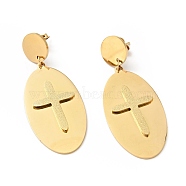 Oval with Cross Long Dangle Stud Earrings with 316 Stainless Steel Pins, Vacuum Plating 304 Stainless Steel Jewelry for Women, Golden, 57mm, Pin: 0.7mm(EJEW-F285-12G)