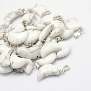 Moon Natural Howlite Pendants, with Platinum Tone Brass Findings, 21~24x12~14x5~6mm, Hole: 2x7mm(G-Q369-01)