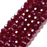 Electroplate Transparent Glass Beads Strands, Faceted(32 Facets), Round, Pearl Luster Plated, Dark Red, 8mm, Hole: 1mm, about 66~69pcs/strand, 19.29~19.57 inch(49~49.7cm)(EGLA-A035-T8mm-A02)