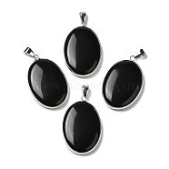 Natural Obsidian Pendants, Oval Charms with Platinum Plated Metal Findings, 39.5x26x6mm, Hole: 7.6x4mm(G-M415-01P-01)