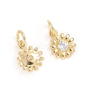 Brass Micro Pave Cubic Zirconia Pendants, with Jump Ring, Flower, Clear, Golden, 10x8x3mm, Hole: 3mm(ZIRC-E164-16G)