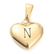 304 Stainless Steel Pendants, Heart with Black Letter, Golden, Letter.N, 16x16x4.5mm, Hole: 7x3mm(STAS-P278-01N-G)