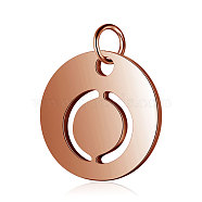 304 Stainless Steel Charms, Flat Round with Letter, Rose Gold, Letter.O, 12x1mm, Hole: 2.5mm(STAS-S105-T514R-O)