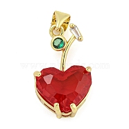 Rack Plating Brass Micro Pave Clear Cubic Zirconia Pendants, with Glass, Long-Lasting Plated, Cadmium Free & Lead Free, Real 18K Gold Plated, Cherry Charms, Red, 20.5x12x7mm, Hole: 4x3.5mm(ZIRC-L100-161G-03)