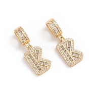 Brass Micro Pave Cubic Zirconia Pendants, Long-Lasting Plated, Letter, Clear, Letter.K, 32.8mm, Hole: 6.5x9mm, Letter.K: 19x12x3.5mm(ZIRC-G165-13G-K)