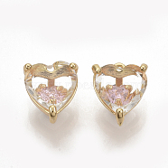 Brass Cubic Zirconia Charms, Nickel Free, Heart, Real 18K Gold Plated, Pearl Pink, 10x8.5x6.5mm, Hole: 1mm(KK-T050-06G-03-NF)