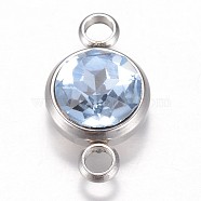 Glass Links connectors, Faceted, with 304 Stainless Steel Findings, Flat Round, Stainless Steel Color, Light Sapphire, 17.5x10x6.5mm, Hole: 2.5mm(GLAA-G018-P03)