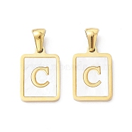 Ion Plating(IP) 304 Stainless Steel Pave Shell Pendants, Rectangle Charm, Real 18K Gold Plated, Letter C, 17.5x12x1.5mm, Hole: 3x5mm(STAS-G327-01G-C)
