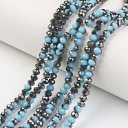 Electroplate Opaque Glass Beads Strands, Half Black Plated, Faceted, Rondelle, Light Sky Blue, 6x5mm, Hole: 1mm, about 85~88pcs/strand, 16.1~16.5 inch(41~42cm)(EGLA-A034-P6mm-P13)