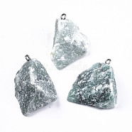 Natural Green Aventurine Pendants, Rough Raw Stone, with 304 Stainless Steel Loops, Nuggets, Stainless Steel Color, 26~45x23~36x7~14mm, Hole: 2mm(G-N332-022-04)