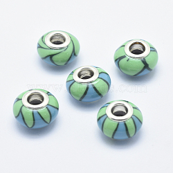 Handmade Polymer Clay European Beads, with Silver Color Plated Brass Cores, Large Hole Beads, Rondelle with Flower Pattern, Medium Spring Green, 13~16x8~11mm, Hole: 4.5~5mm(CLAY-K002-K02)
