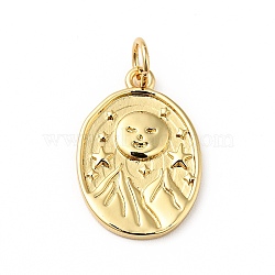 Rack Plating Brass Pendants, with Jump Ring, Cadmium Free & Nickel Free & Lead Free, Oval with Star & Smiling Face, Real 18K Gold Plated, 18x12.5x1.5mm, Hole: 3.6mm(KK-H431-40G)