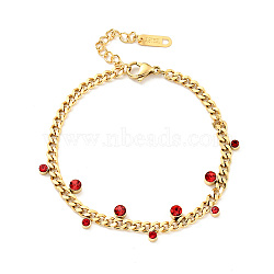 Rhinestone Charms Bracelet with Curb Chains, Gold Plated 304 Stainless Steel Jewelry for Women, Ruby, 6-7/8 inch(17.5cm)(BJEW-P273-01G-02)