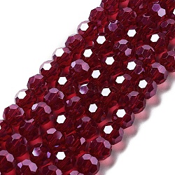 Electroplate Transparent Glass Beads Strands, Faceted, Round, Pearl Luster Plated, Dark Red, 8mm, Hole: 1mm, about 66~69pcs/strand, 19.29~19.57 inch(49~49.7cm)(EGLA-A035-T8mm-A02)