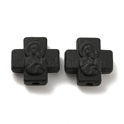 Spray Painted Alloy Beads, Rubberized Style, Cross with Saint, Religion, Black, 13x13x6mm, Hole: 2mm(FIND-G064-14)