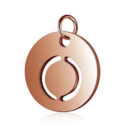 304 Stainless Steel Charms, Flat Round with Letter, Rose Gold, Letter.O, 12x1mm, Hole: 2.5mm(STAS-S105-T514R-O)