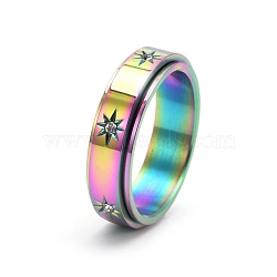 Rotatable Stainless Steel Finger Ring, with Rhinestone for Couples, Rainbow Color, US Size 11(20.6mm)(PW-WGC6D1D-13)