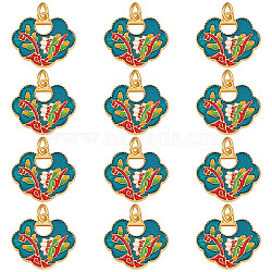 SUNNYCLUE Alloy Enamel Pendants, Cadmium Free & Lead Free, with Jump Rings, Matte Gold Color, Auspicious Clouds Lock with Flower, Dark Green, 17x19.5x2.5mm, Jump Ring: 5x1mm, 3mm inner diameter, 12pcs/box(ENAM-SC0003-16)