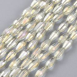 Electroplated Glass Beads Strands, Full Rainbow Plated, Rice Shape, Champagne Yellow, 8.5x4mm, Hole: 1mm, about 72pcs/Strand, 24.57''(62.4cm)(EGLA-H100-FR02)