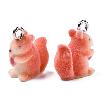 Flocky Resin Pendants, with Platinum Plated Iron Loops, Squirrel, Light Salmon, 18x15.5x8mm, Hole: 2.5mm